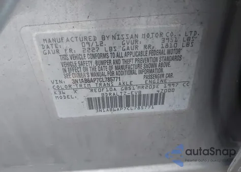 2012 Nissan Sentra 2.0/2.0S/Sr/2.0Sl from USA, damaged, VIN 3N1AB6AP7CL78771